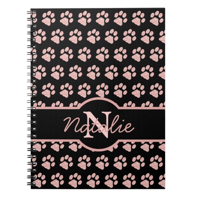 Paw Prints Glitter Rose Gold Monogram Cat Dog Mum Notebook (Front)