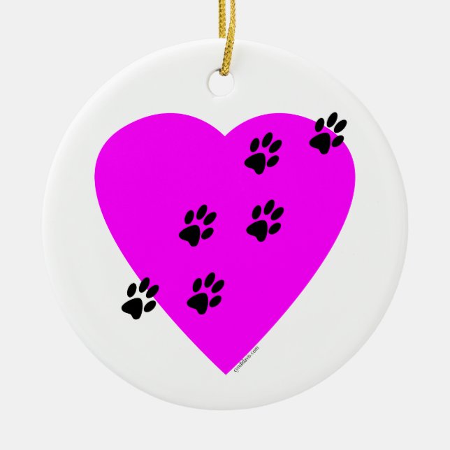 Paw Prints on my Heart - Pink Ceramic Tree Decoration (Front)