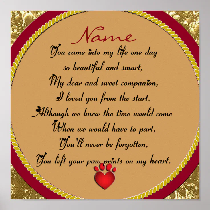 Paw Prints on My Heart Poem Pet Memorial | Zazzle