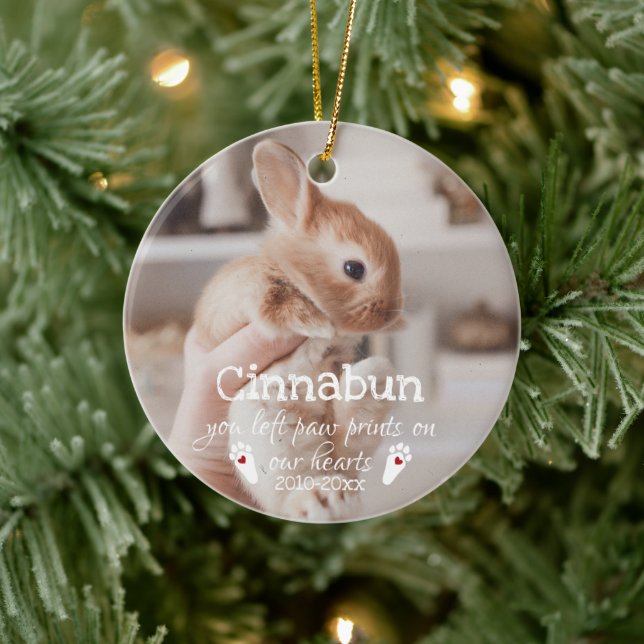 Paw Prints On Our Hearts Photo Bunny Memorial Ceramic Ornament (Tree)