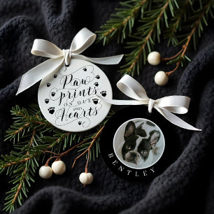 Paw Prints on Our Hearts Script Pet Photo Memorial Ornament