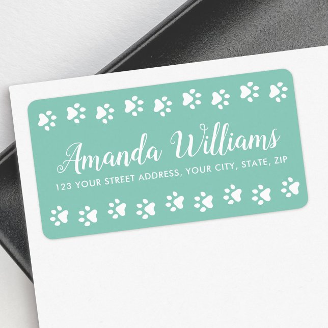 Paw prints pastel green pretty script return label (Paw prints pastel green pretty script return label)