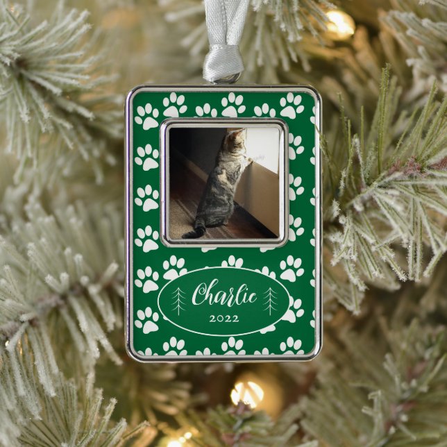 Paw Prints Pattern Cat Photo Green Framed Ornament (Tree)