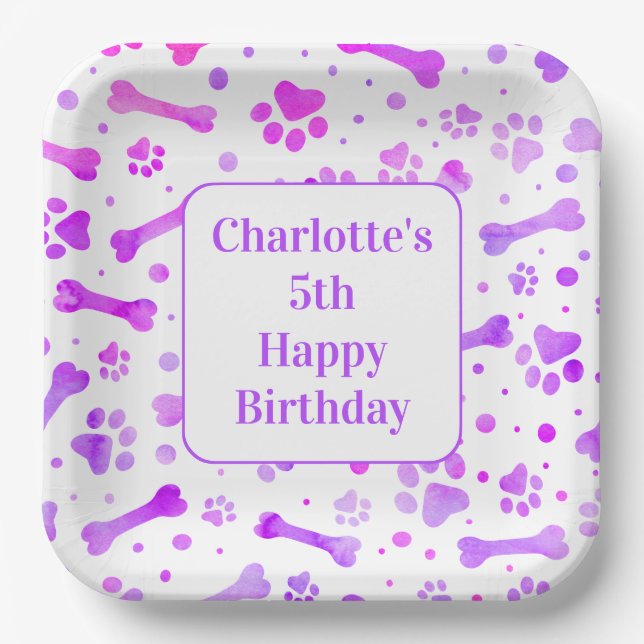 Paw Prints Personalised Pink Purple Birthday Party Paper Plate (Front)