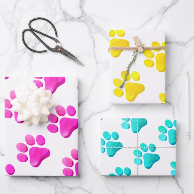 Paw Prints Pets Dogs Cats Pink Yellow Blue Fun Wrapping Paper Sheet (Front)