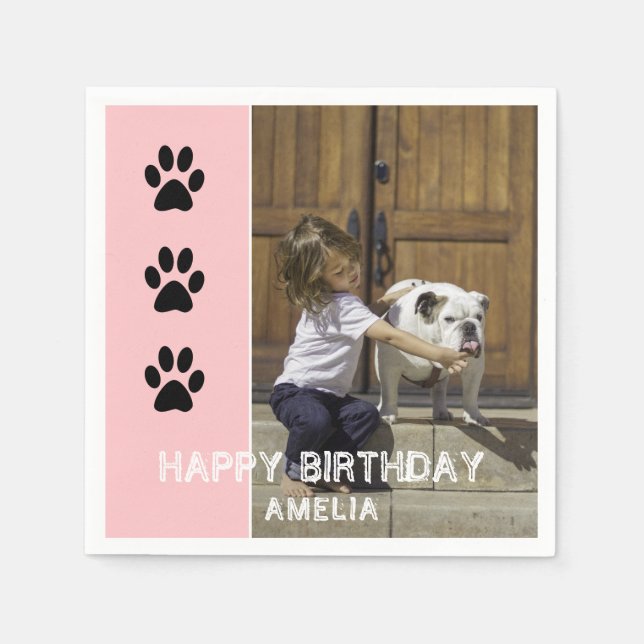 Paw Prints Pink Kids Name Photo Birthday Party Napkin (Front)
