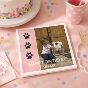 Paw Prints Pink Kids Name Photo Birthday Party Napkin