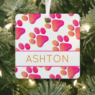 Paw Prints Pink Orange PET NAME Dog Cat Fun  Metal Tree Decoration