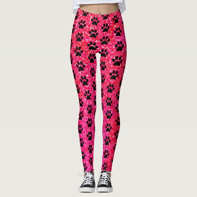Paw Prints Pink Red Glitter Black Patterns Cute Leggings (Front)