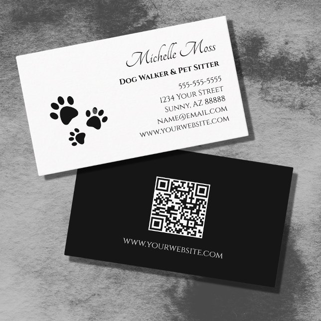 Paw Prints QR code Black White Pet Sitter   Business Card (Creator Uploaded)