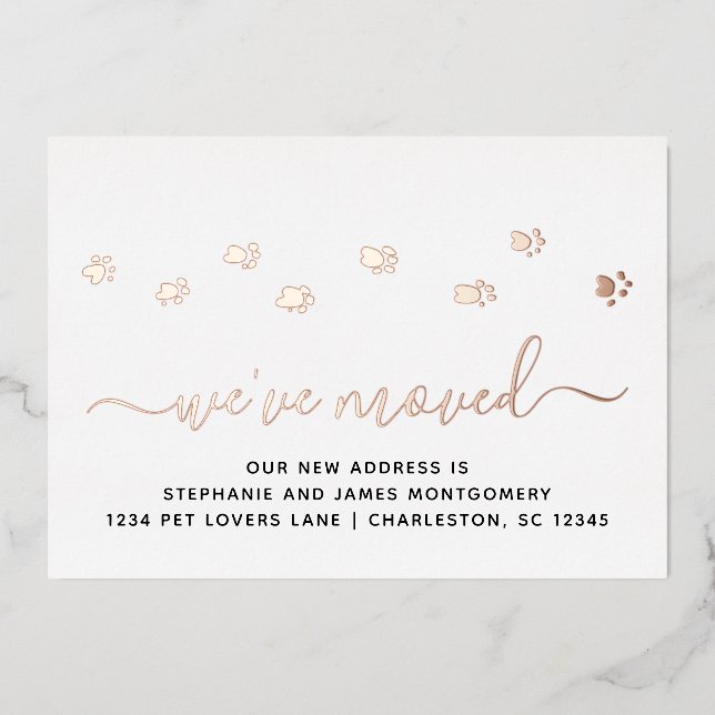 Paw Prints Rose Gold Foil Moving Announcement Card (Front)