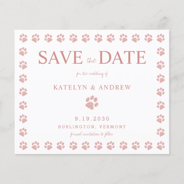 Paw Prints Rose Gold Save The Date Invitation (Front)