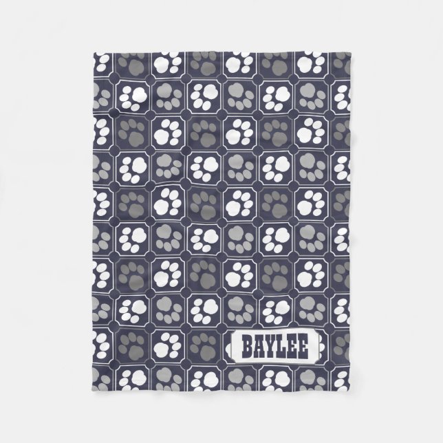 Paw Prints Tile Design Navy Blue Fleece Blanket (Front)