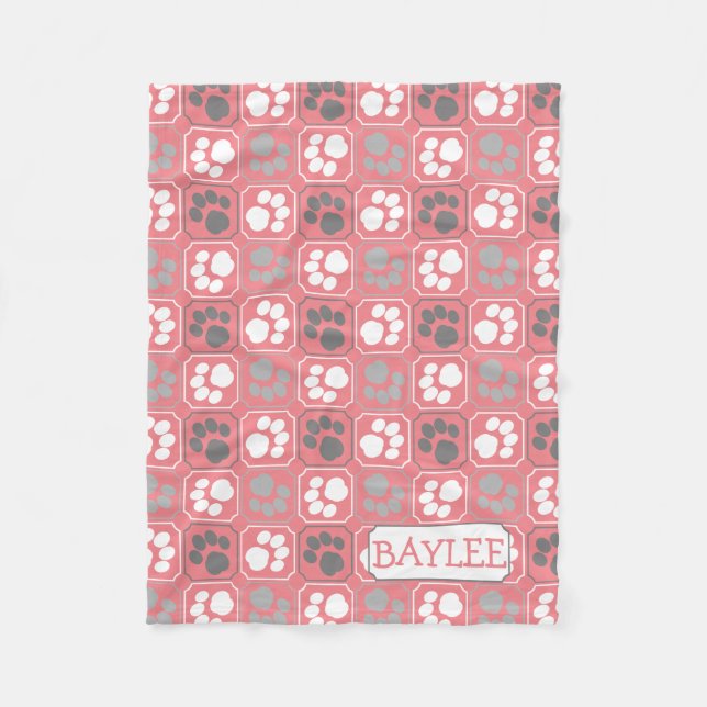 Paw Prints Tile Design Pink and Grey Fleece Blanket (Front)