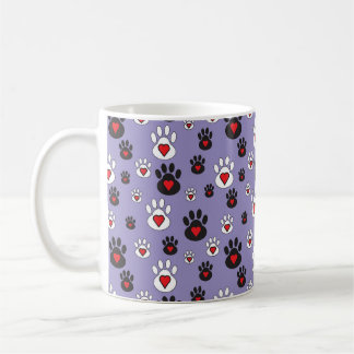 Paw Prints with red hearts on blue Coffee Mug