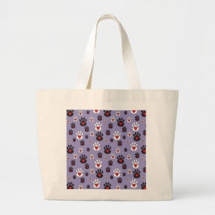 Paw Prints with red hearts on blue Large Tote Bag