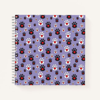 Paw Prints with red hearts on blue Notebook