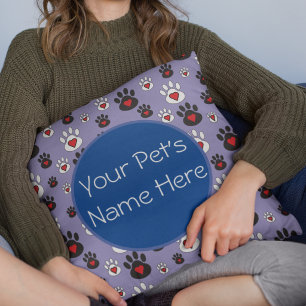 Paw Prints with red hearts on blue Personalised Cushion