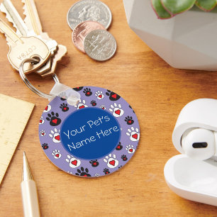 Paw Prints with red hearts on blue Personalised Key Ring