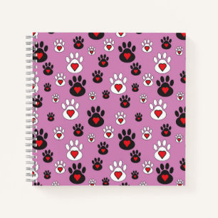Paw prints with red hearts on pink  notebook