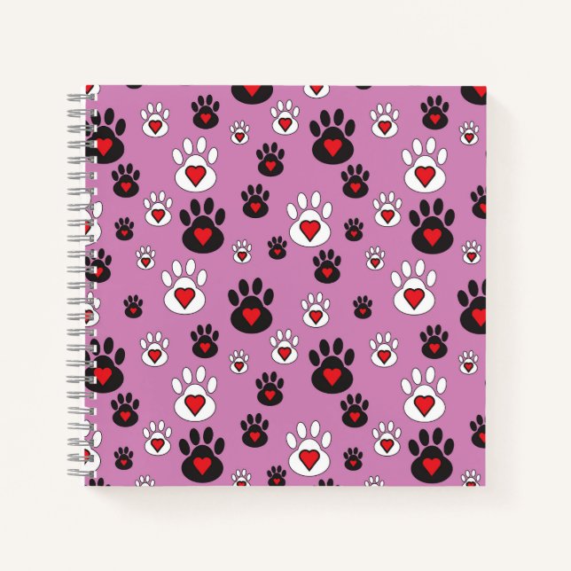 Paw prints with red hearts on pink  notebook (Front)