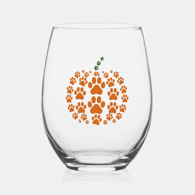 Paw Pumpkin Paw Print Dog Thanksgiving Stemless Wine Glass (Front)