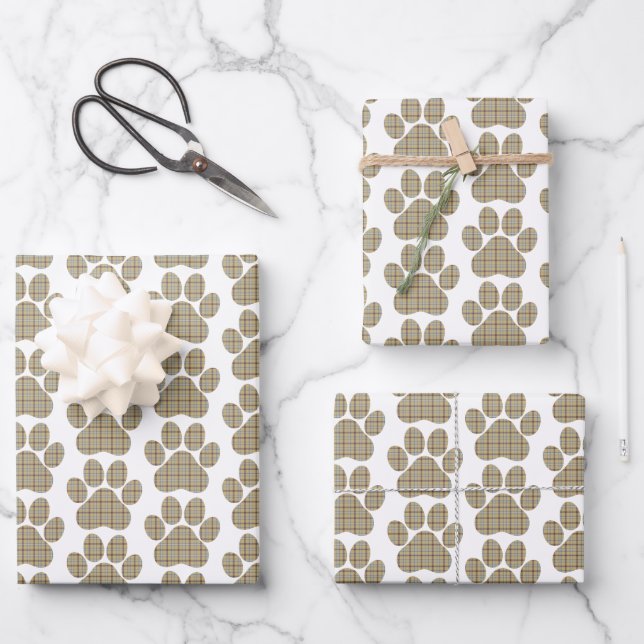 Paw Shape Plaid Tan Dog Cat Wrapping Paper Sheet (Front)