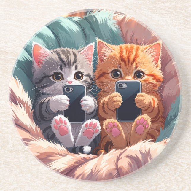 Paw-sitive Vibes – Fluffy Kittens Taking Selfies Coaster (Front)