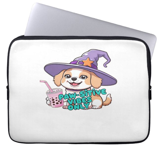 Paw-sitive Vibes Only – Cute Dog With Bubble Tea a Laptop Sleeve (Front)