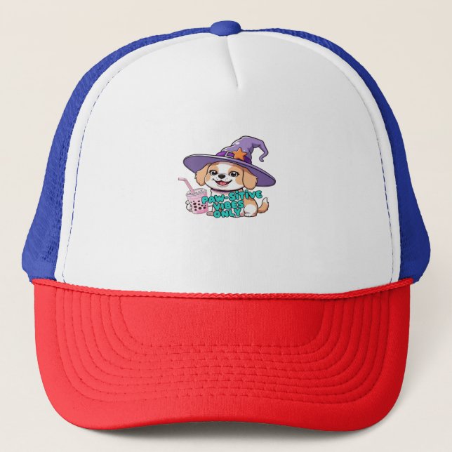 Paw-sitive Vibes Only – Cute Dog With Bubble Tea a Trucker Hat (Front)