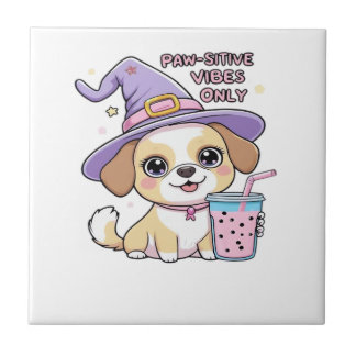 Paw-sitive Vibes Only Cute Dog With Bubble Tea Hal Ceramic Tile