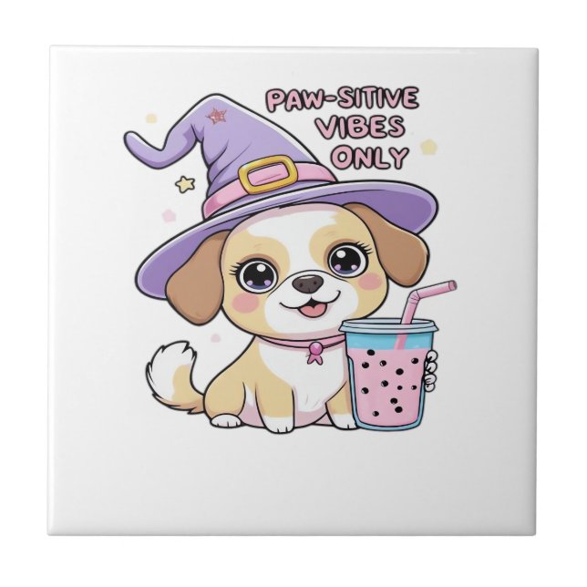 Paw-sitive Vibes Only Cute Dog With Bubble Tea Hal Ceramic Tile (Front)