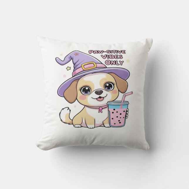 Paw-sitive Vibes Only Cute Dog With Bubble Tea Hal Cushion (Front)