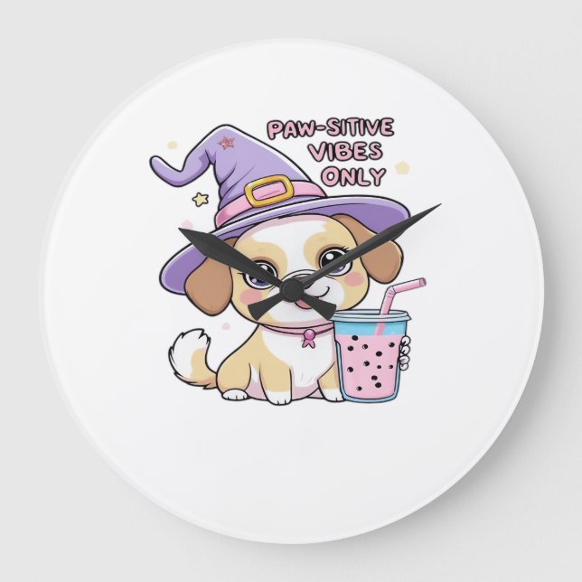 Paw-sitive Vibes Only Cute Dog With Bubble Tea Hal Large Clock (Front)