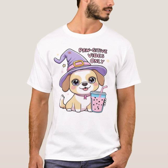 Paw-sitive Vibes Only Cute Dog With Bubble Tea Hal T-Shirt (Front)