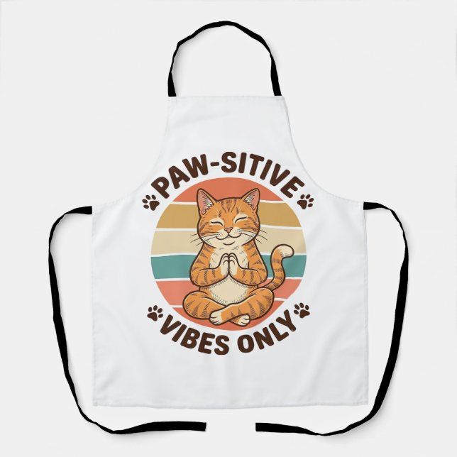 Paw-Sitive Vibes Only Meditating Cat Retro Design_ Apron (Front)