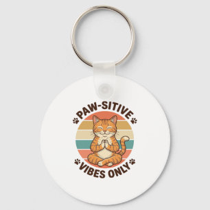 Paw-Sitive Vibes Only Meditating Cat Retro Design_ Key Ring