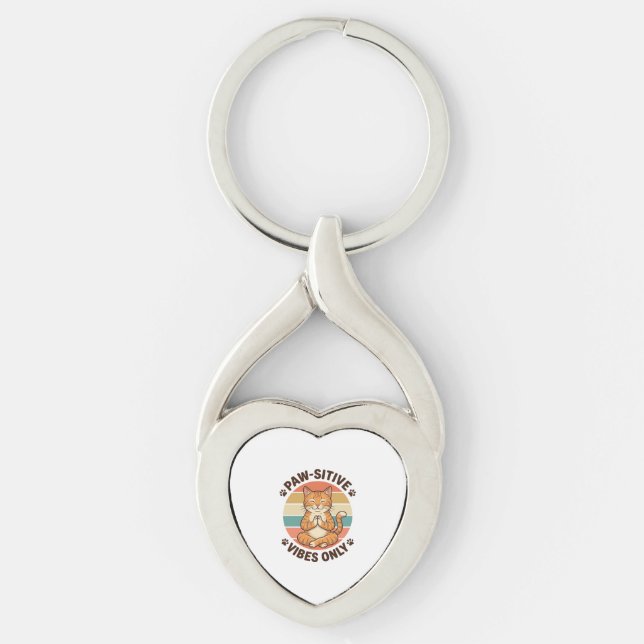 Paw-Sitive Vibes Only Meditating Cat Retro Design_ Key Ring (Front)