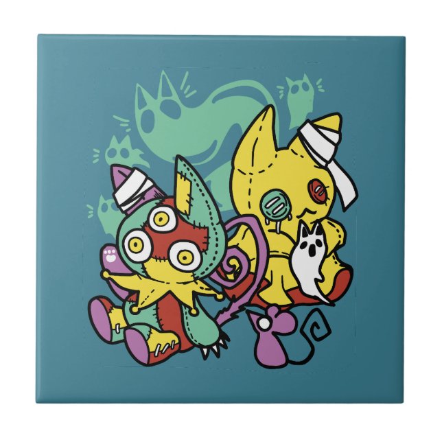 Paw-sitively Frightful | Monstrous Cats Halloween  Ceramic Tile (Front)