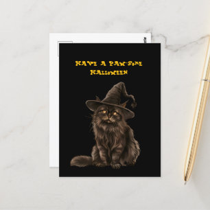 Paw-some Halloween Black Cat Witch Hat Postcard