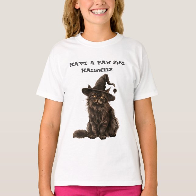 Paw-some Halloween Black Cat Witch Hat  T-Shirt (Front)