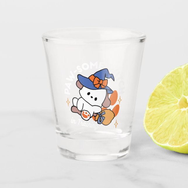 Paw-some Witch in Training – Cute Halloween Dog  Shot Glass (Front)