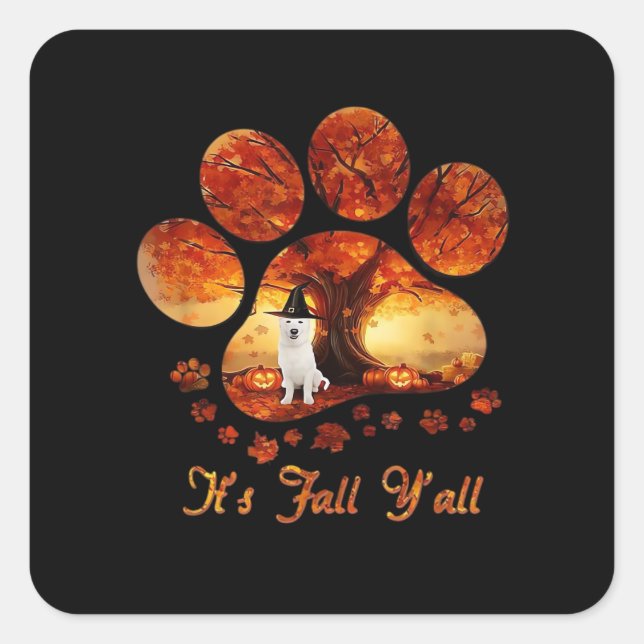 Paw Tree It’s Fall Y’all White Dog Square Sticker (Front)