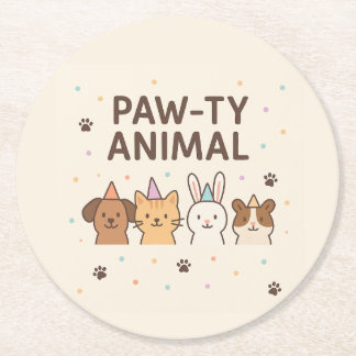 Paw-ty Animal Cute Pet Birthday  Round Paper Coaster