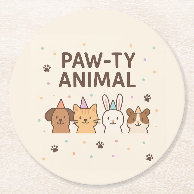 Paw-ty Animal Cute Pet Birthday  Round Paper Coaster (Front)