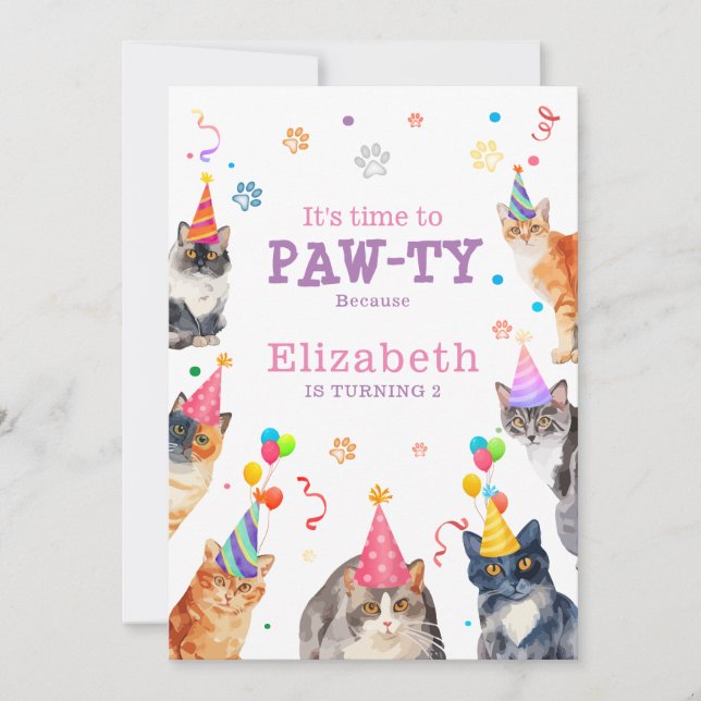 Paw-ty Time Funny Cat Themed Kids Birthday Invitation (Front)