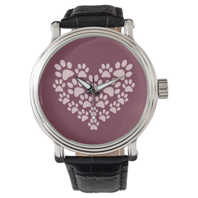 Pawprint Heart Vintage Leather Strap Black Watch (Front)