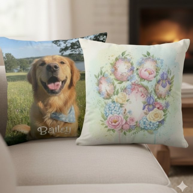 Pawprint Pillow – Watercolor Floral Pet Art (Watercolor botanical floral pet photo pillow)