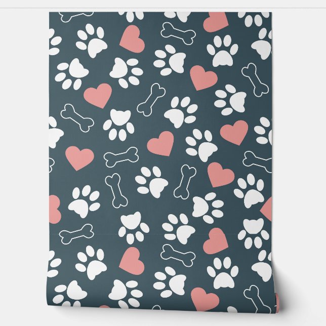 Pawprints Hearts Pattern Background Wallpaper (Unrolling)