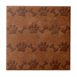 Paws And Bones Pattern Faux Terracotta Print Ceramic Tile